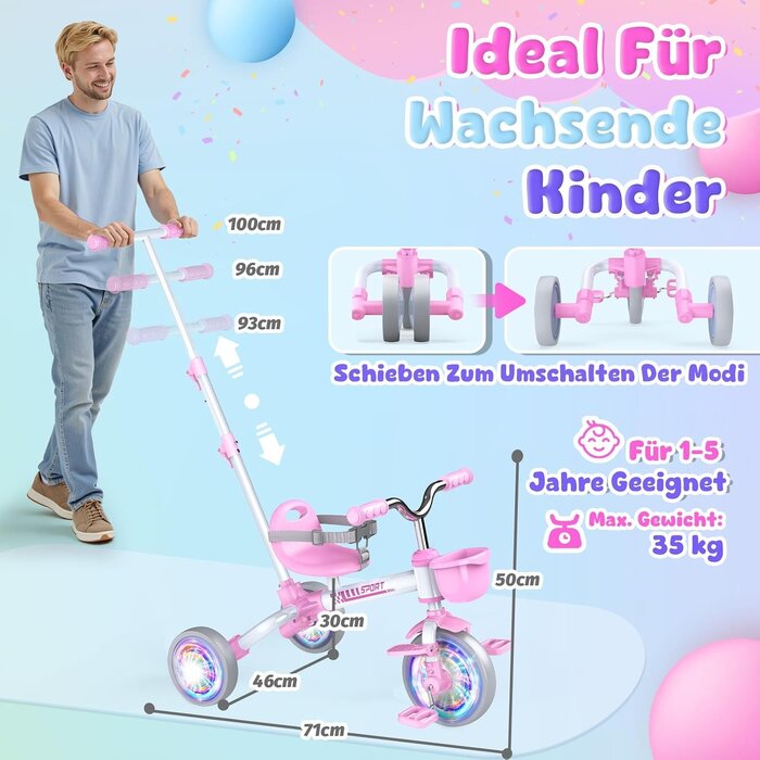 5-in-1 Kinderdreirad mit LED-Rädern - Rosa - bis zu 33% günstiger