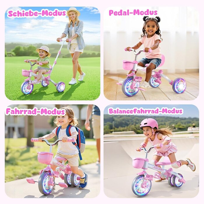 5-in-1 Kinderdreirad mit LED-Rädern - Rosa - bis zu 33% günstiger
