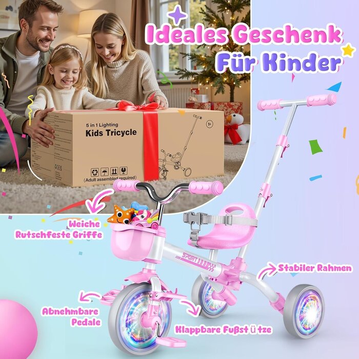 5-in-1 Kinderdreirad mit LED-Rädern - Rosa - bis zu 33% günstiger