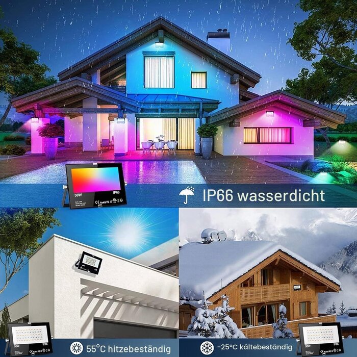4er-Set LED-Flutlicht 50W RGB & Kaltweiß - Smart & Wetterfest - bis zu 34% Rabatt