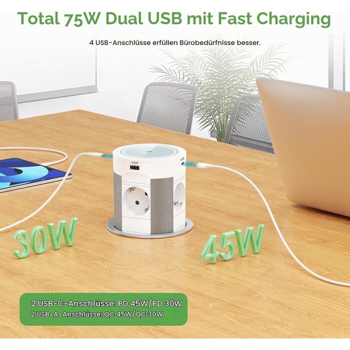 Versenkbare Einbau-Steckdosenleiste 4-fach mit USB-C & Qi-Laden - bis zu 34% Rabatt