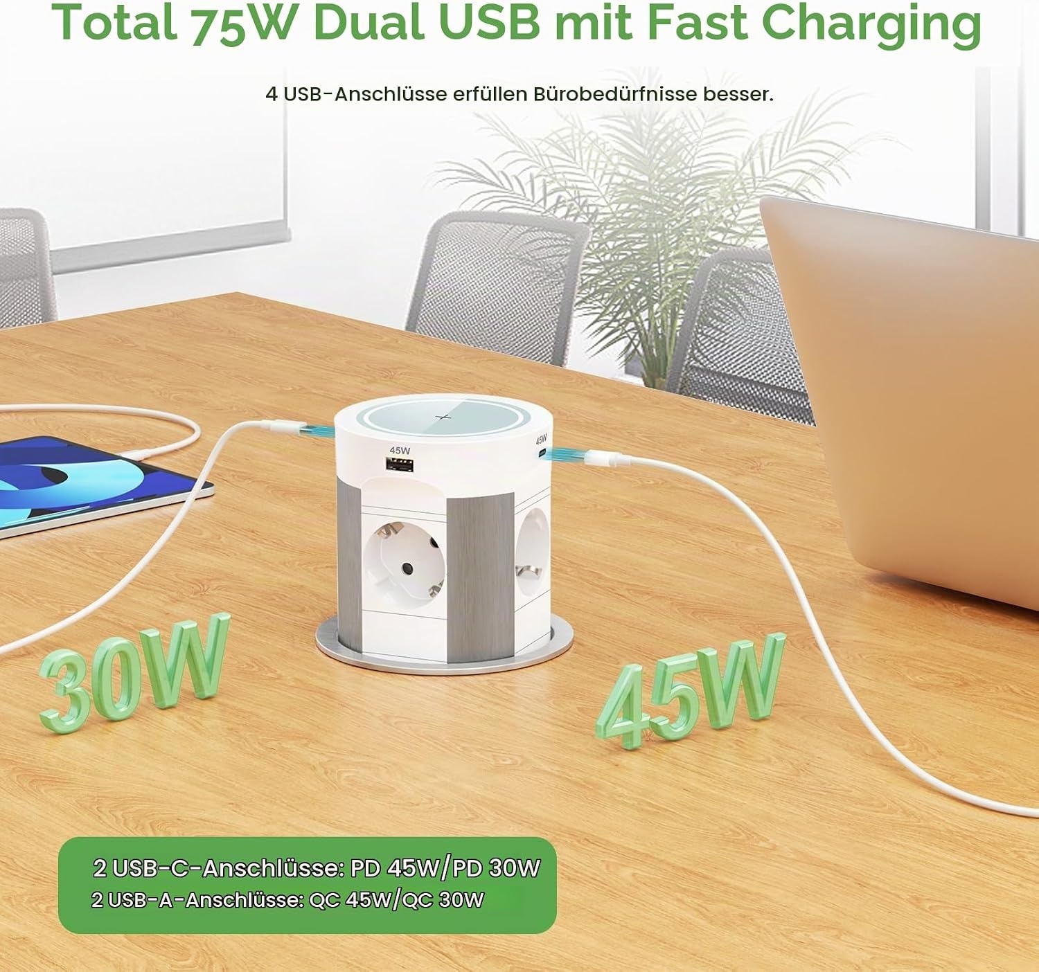 Versenkbare Einbau-Steckdosenleiste 4-fach mit USB-C & Qi-Laden - bis zu 34% Rabatt