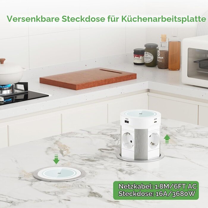 Versenkbare Einbau-Steckdosenleiste 4-fach mit USB-C & Qi-Laden - bis zu 34% Rabatt