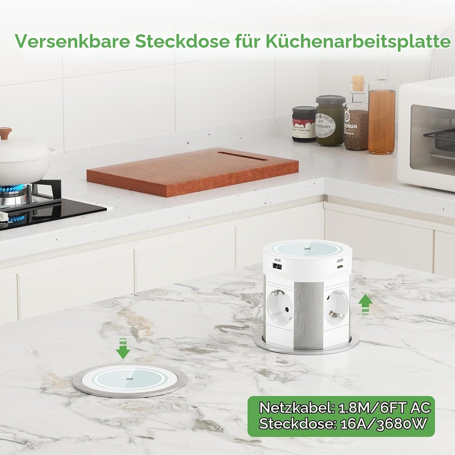 Versenkbare Einbau-Steckdosenleiste 4-fach mit USB-C & Qi-Laden - bis zu 34% Rabatt
