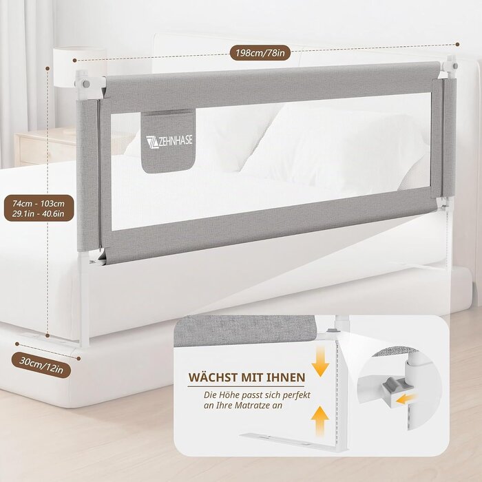 Sicheres Bettgitter für Kinder 200 x 76 cm - Grau - bis zu 33% reduziert