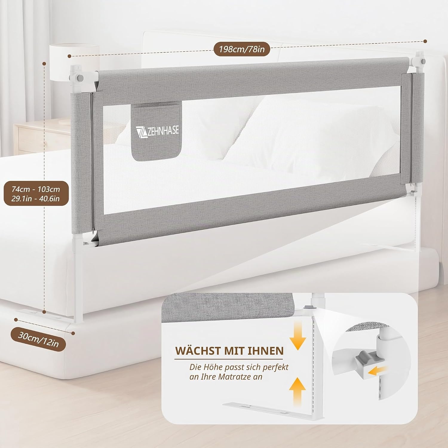 Sicheres Bettgitter für Kinder 200 x 76 cm - Grau - bis zu 33% reduziert