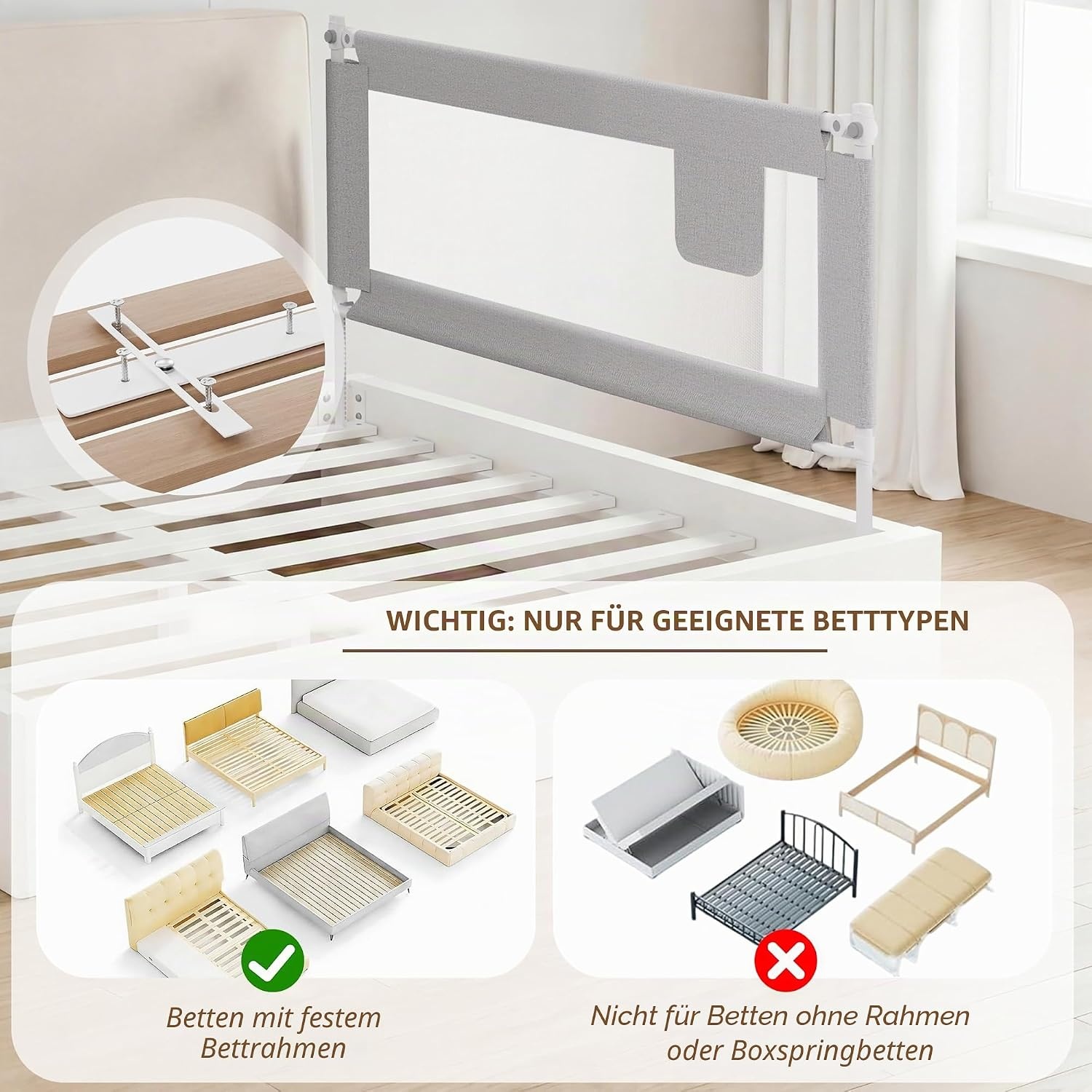 Sicheres Bettgitter für Kinder 200 x 76 cm - Grau - bis zu 33% reduziert