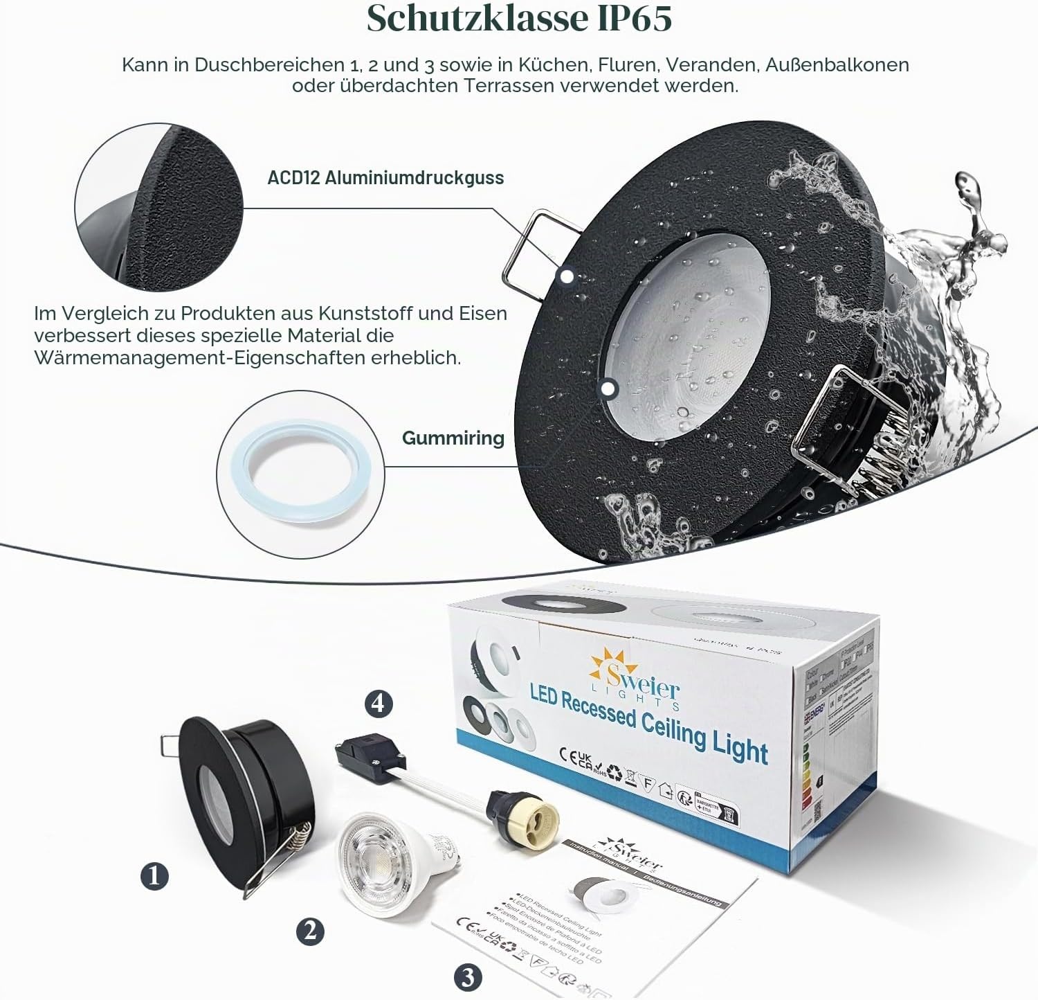 4er-Set LED-Einbaustrahler IP65 5W GU10 Schwarz - Outlet bis zu 32% reduziert