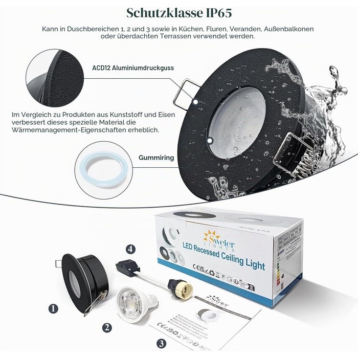4er-Set LED-Einbaustrahler IP65 5W GU10 Schwarz - Outlet bis zu 32% reduziert