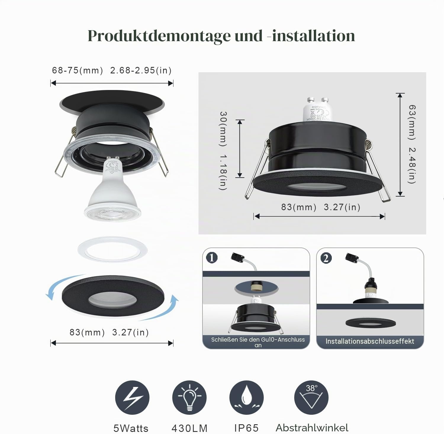 4er-Set LED-Einbaustrahler IP65 5W GU10 Schwarz - Outlet bis zu 32% reduziert