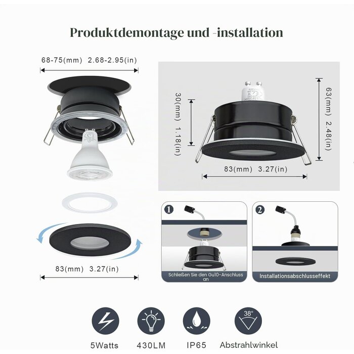 4er-Set LED-Einbaustrahler IP65 5W GU10 Schwarz - Outlet bis zu 32% reduziert