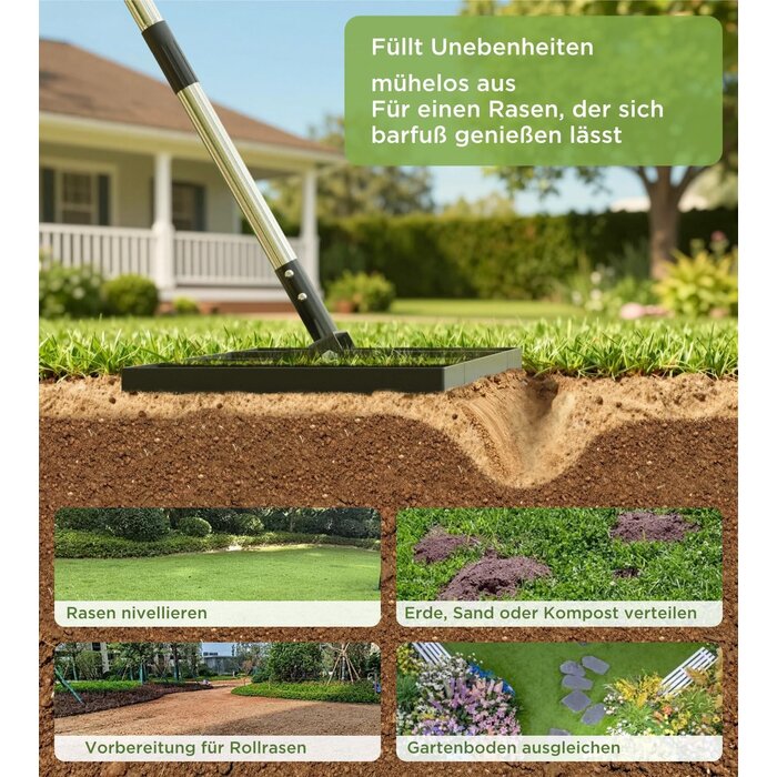 Rasenrakel 114x25 cm Nivellierharke mit Edelstahl-Stiel - bis zu 34% Rabatt