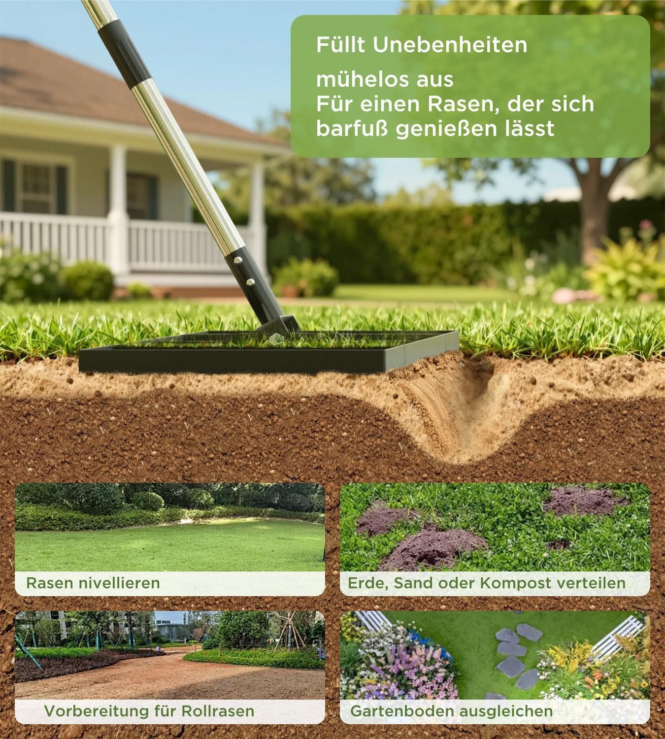 Rasenrakel 114x25 cm Nivellierharke mit Edelstahl-Stiel - bis zu 34% Rabatt