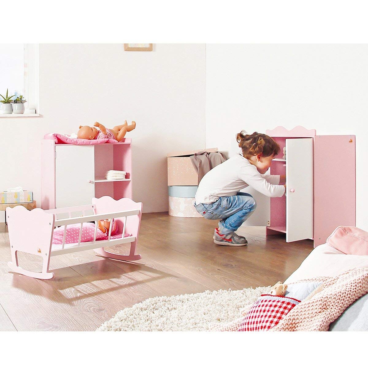 Puppenwiege Jasmijn 4-teilig - Holz, weiß-rosa - bis zu 33% reduziert