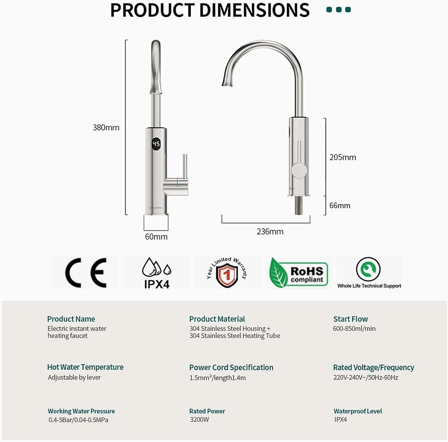 Elektrischer Warmwasserhahn mit LED - Wandmontage, 3,2 kW, bis zu 34% sparen