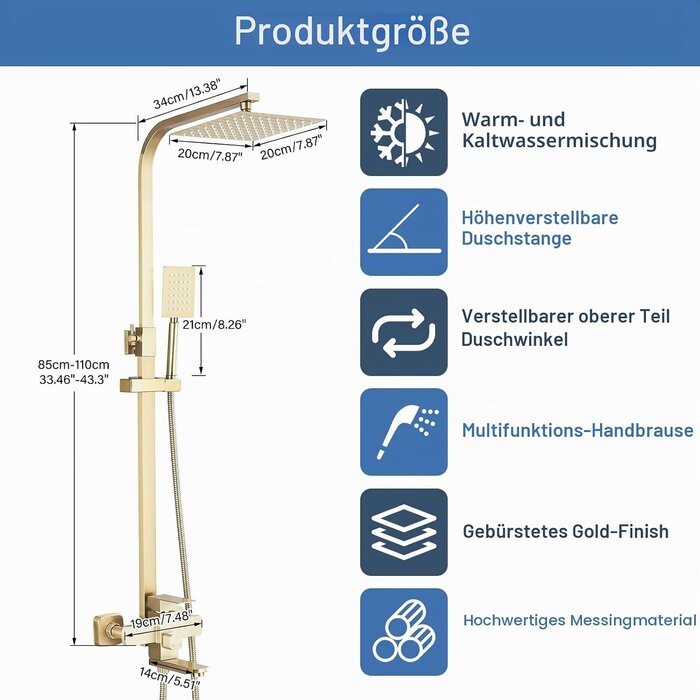 Luxus-Duschsystem Messing gebürstetes Gold, 8 Zoll - bis zu 34% sparen