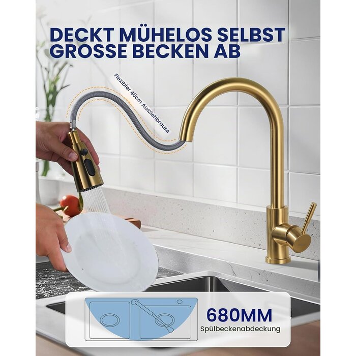 Luxus Küchenarmatur in Gold | Ausziehbar & 360° drehbar | Bis zu 34% Rabatt