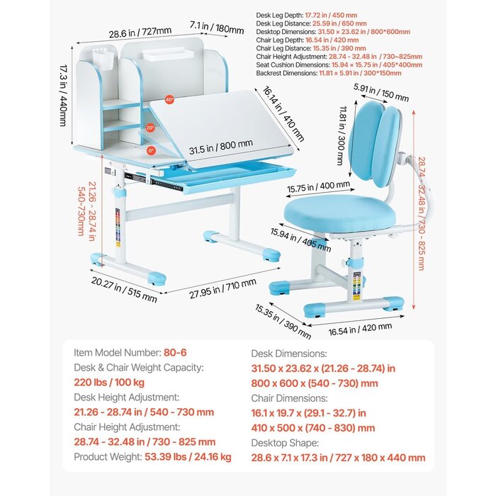 Vevor Ergonomisches Kinderschreibtisch-Set, höhenverstellbar - bis zu 35% sparen