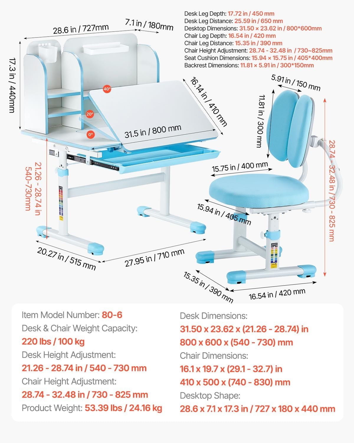 Vevor Ergonomisches Kinderschreibtisch-Set, höhenverstellbar - bis zu 35% sparen