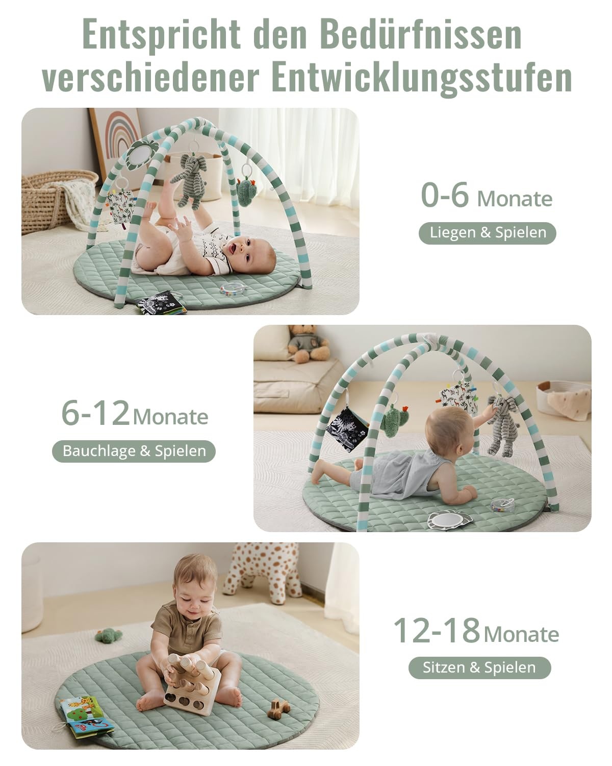 Babyspielmatte mit Spielbogen - Salbeigrün - 85x85 cm - bis zu 33% Rabatt