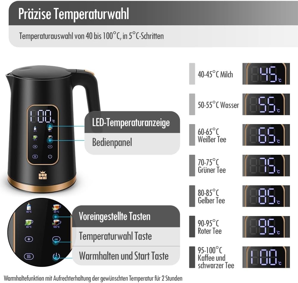 Elektrischer Wasserkocher 1,7 L 2200W mit Temperaturwahl - bis zu 31% sparen