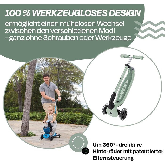 3-in-1 Kinderroller mit LED-Rädern - Salbeigrün, bis zu 35% Rabatt