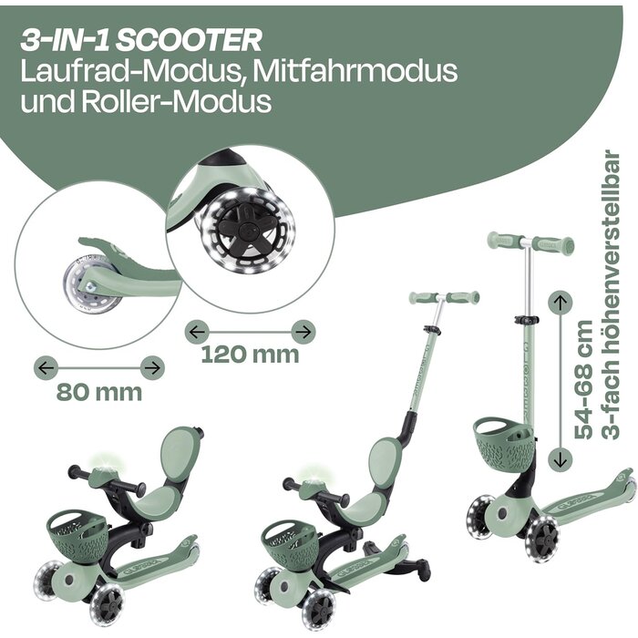 3-in-1 Kinderroller mit LED-Rädern - Salbeigrün, bis zu 35% Rabatt