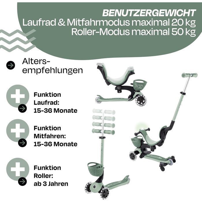 3-in-1 Kinderroller mit LED-Rädern - Salbeigrün, bis zu 35% Rabatt
