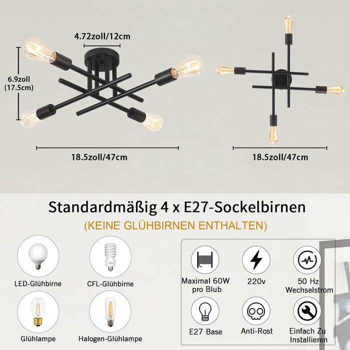 Sputnik Deckenleuchte 4-flammig Industrie-Stil Schwarz - bis zu 33% Rabatt