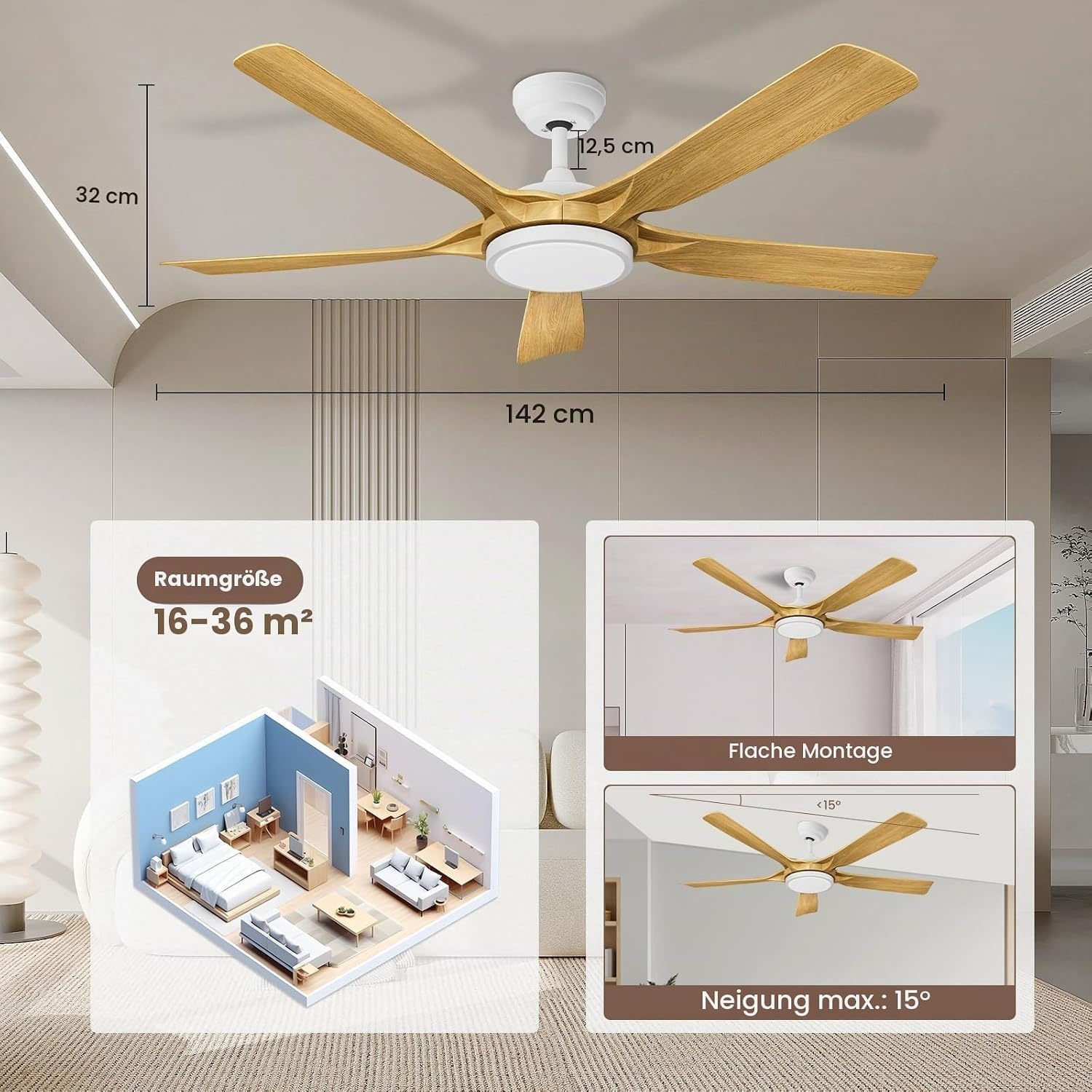 Deckenventilator LED 142 cm Holzoptik - bis zu 34% sparen