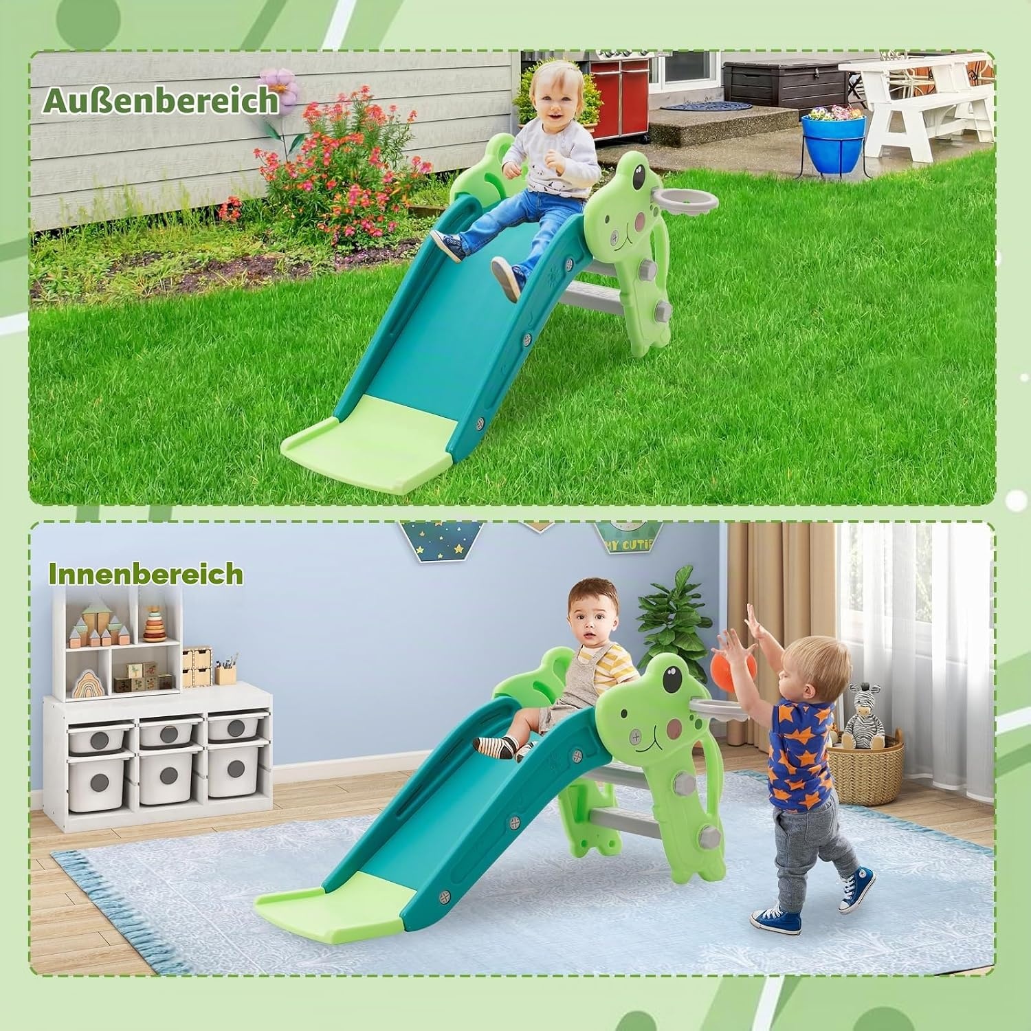 Kinderrutsche 3-in-1 mit Basketballkorb - Grün - bis zu 33% Rabatt