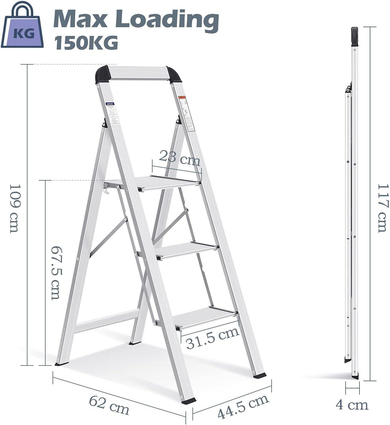 Klappleiter mit 3 Stufen, 150 kg Traglast, Aluminium - bis zu 34% Rabatt
