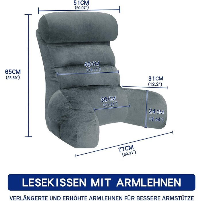 Ergonomisches Lesekissen mit Armlehnen Grau 65x30cm - 59% Rabatt