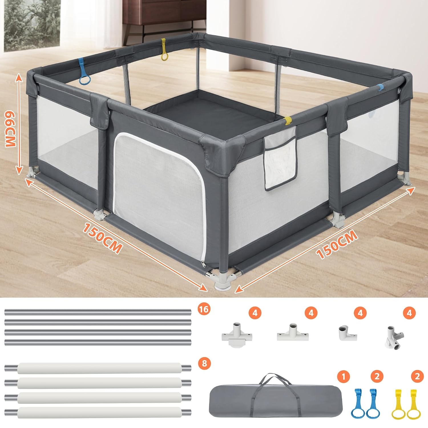 Großer Kinderlaufstall 150x150cm Grau - 34% Rabatt auf Retourenware