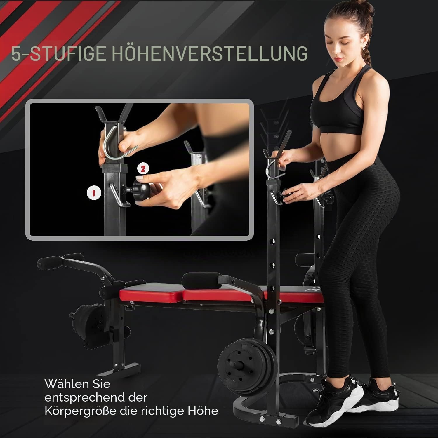 Verstellbare Hantelbank mit Beinstrecker - 35% Rabatt - Schwarz/Rot