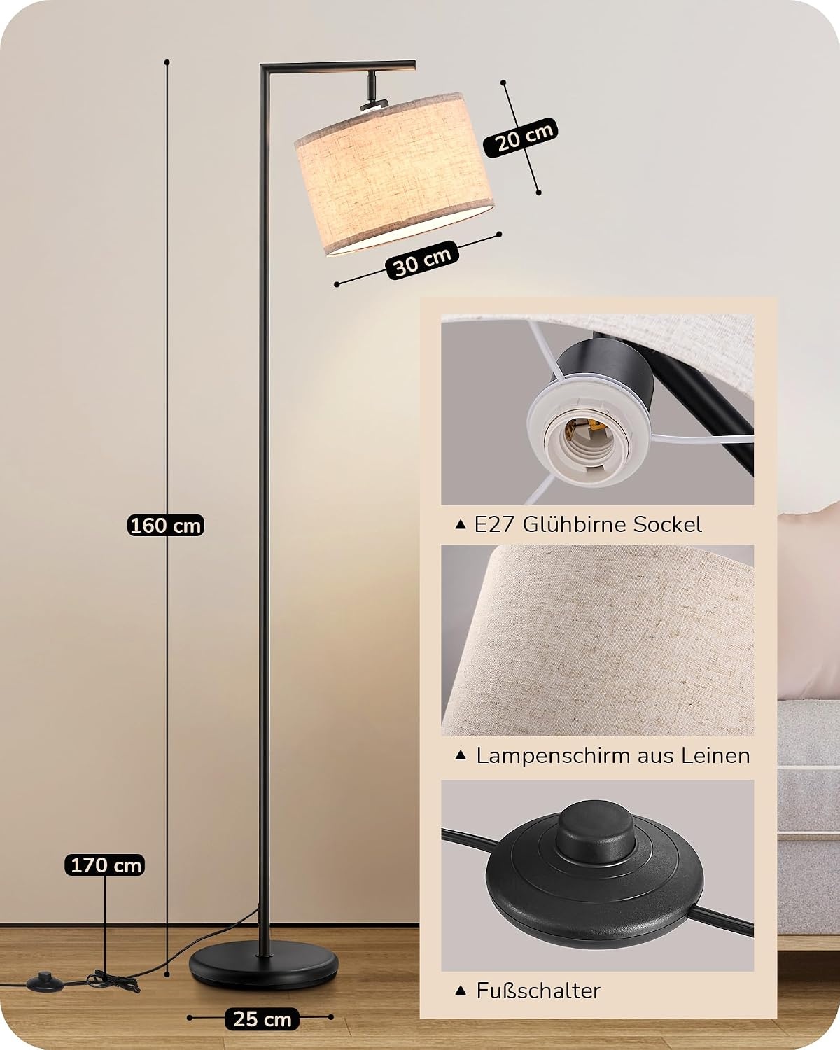 Bogen-Stehleuchte 160 cm, schwarz/beige, inkl. E27 LED - 34% Rabatt