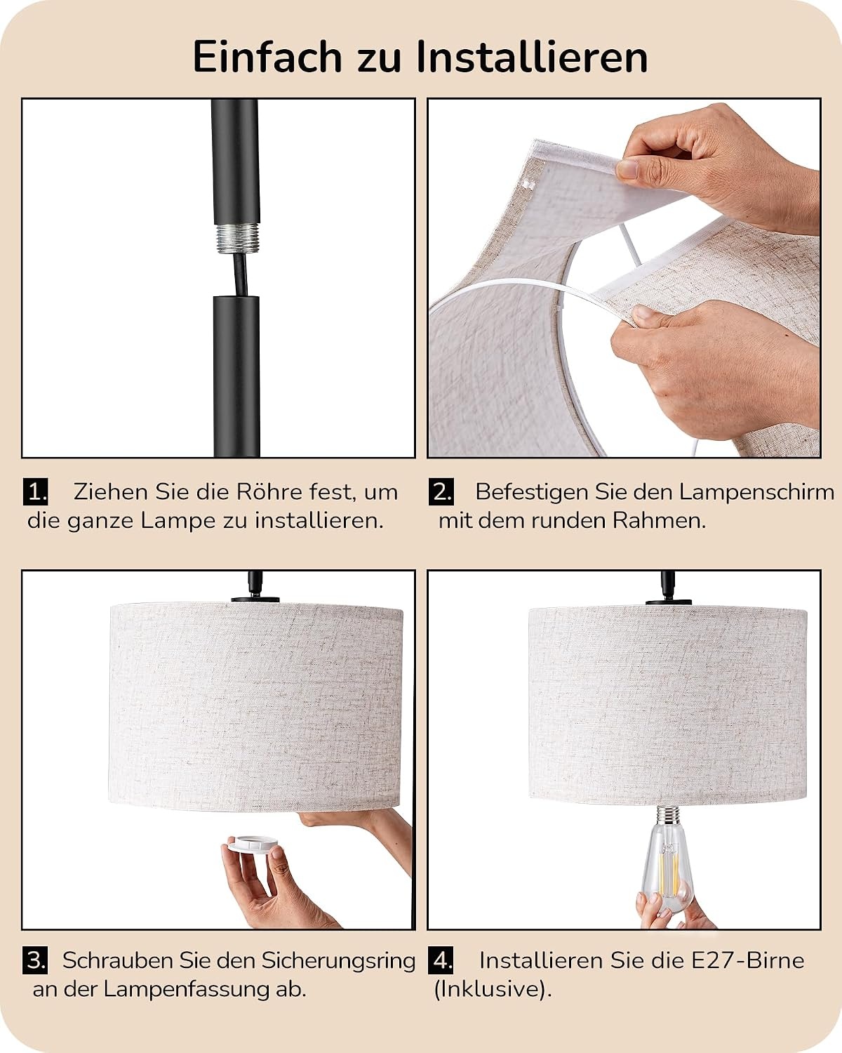 Bogen-Stehleuchte 160 cm, schwarz/beige, inkl. E27 LED - 34% Rabatt