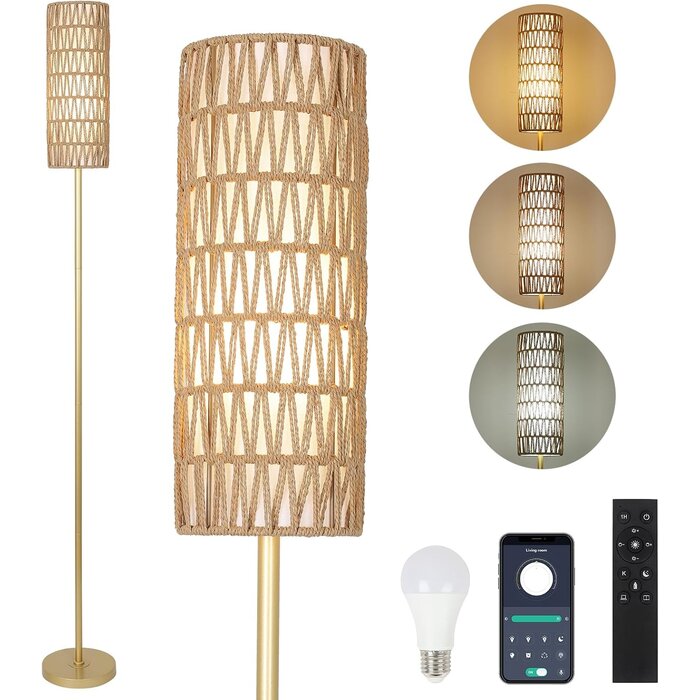 Dimmbare Design-Stehlampe Gold, Rattan & Leinen - 34% Rabatt