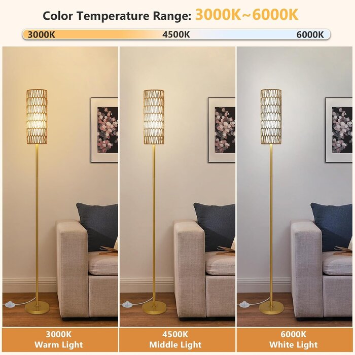 Dimmbare Design-Stehlampe Gold, Rattan & Leinen - 34% Rabatt