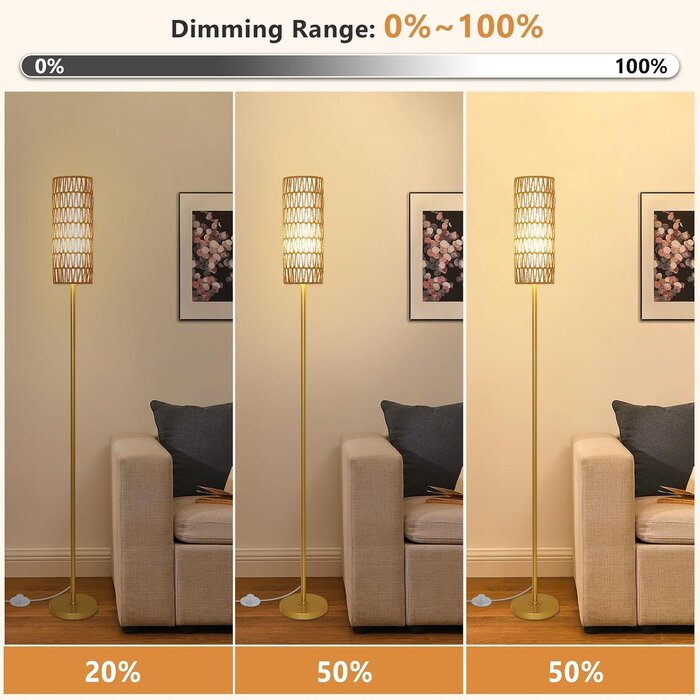 Dimmbare Design-Stehlampe Gold, Rattan & Leinen - 34% Rabatt