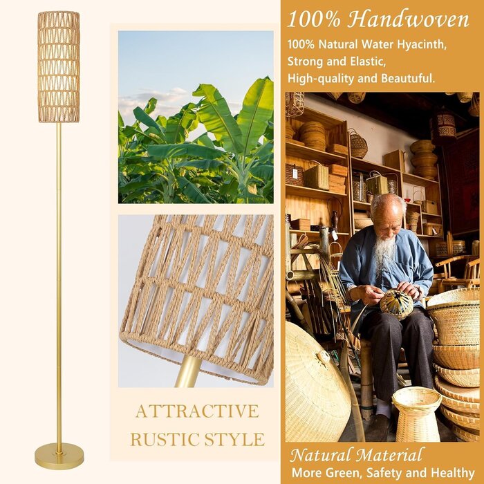 Dimmbare Design-Stehlampe Gold, Rattan & Leinen - 34% Rabatt