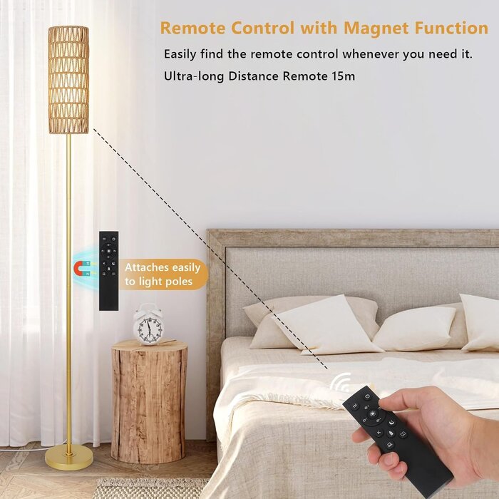 Dimmbare Design-Stehlampe Gold, Rattan & Leinen - 34% Rabatt