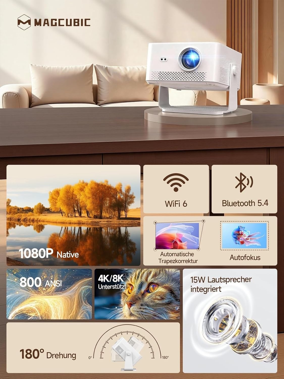 Magcubic Smart Full HD Beamer 1080P - 35% Rabatt - Android 14 & 180° Design