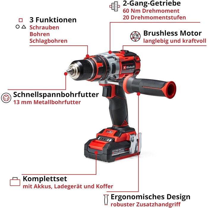 Bürstenloser Akku-Schlagbohrschrauber 18V Set, 2 Akkus & Koffer - 35% Rabatt
