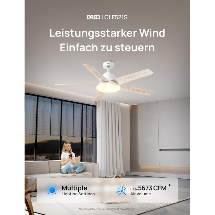 Intelligenter 132 cm Deckenventilator mit LED - Weiß - 35% Rabatt