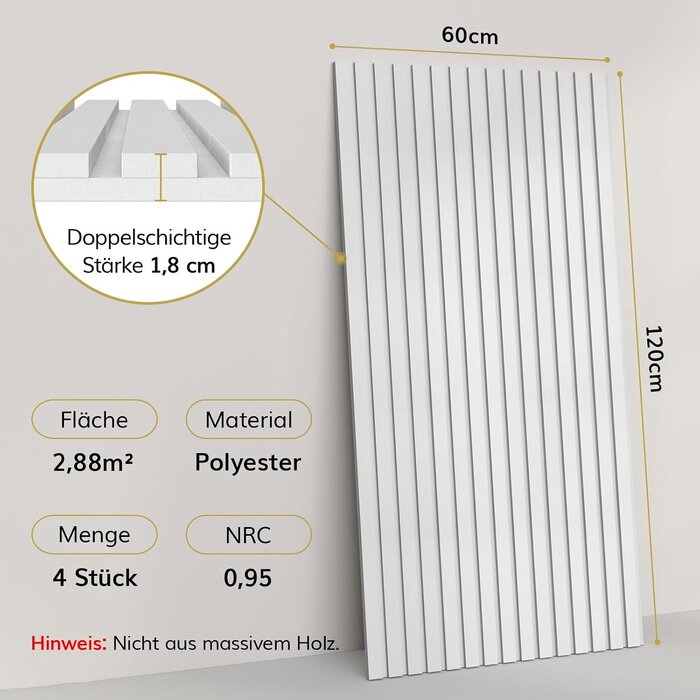 4er Set Akustikpaneele 120x60cm Weiß Streifen - 33% Rabatt