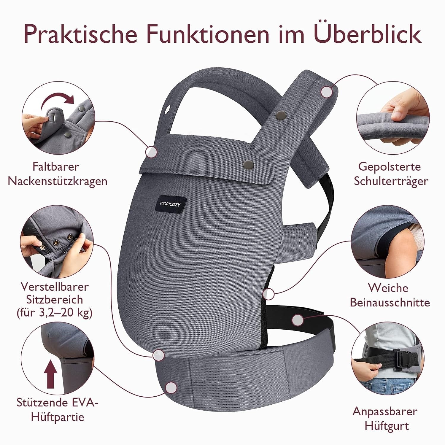 Ergonomische Babytrage, 3-20 kg - Grau - 33% Rabatt