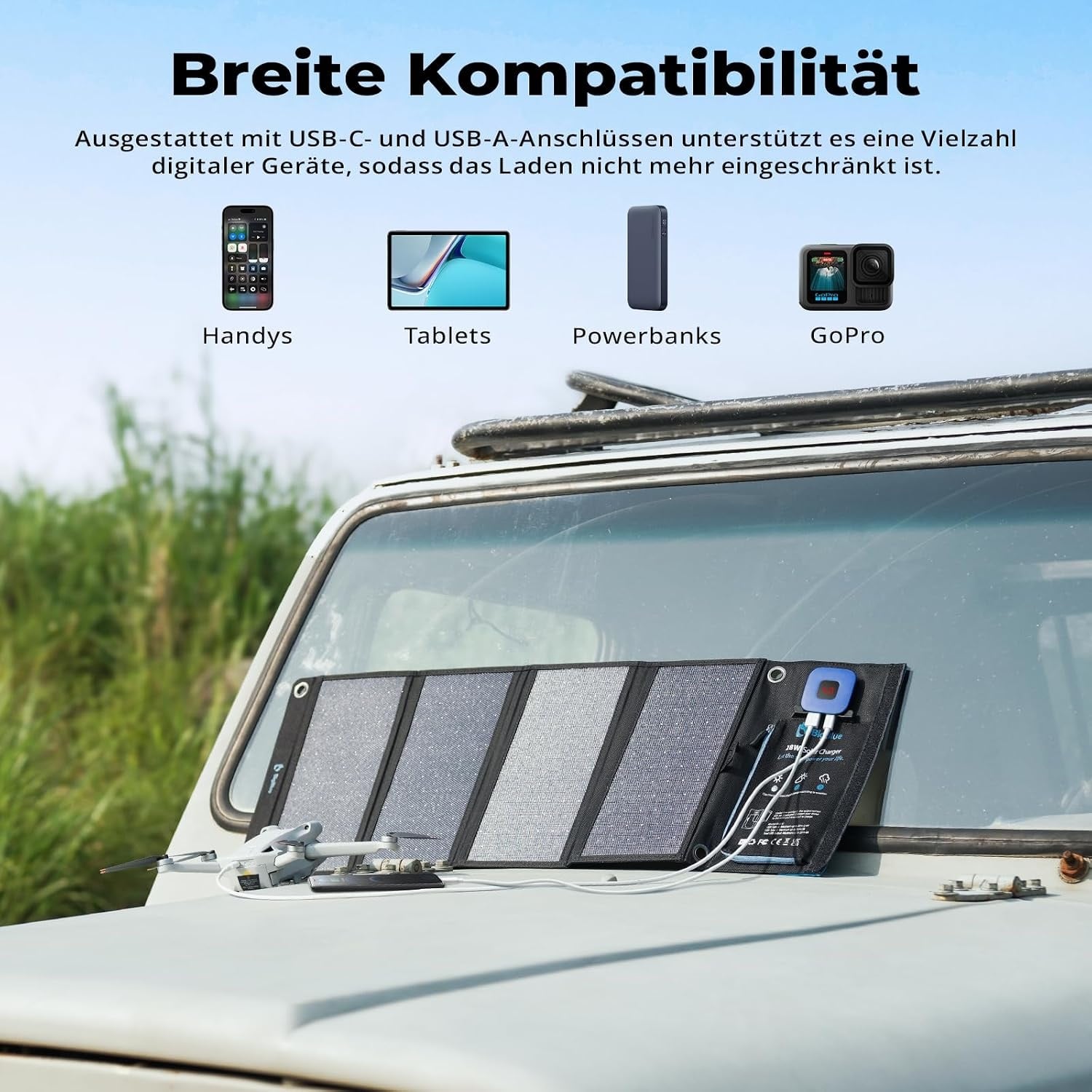 Faltbares 28W Solar-Ladegerät Blau - 34% Rabatt - Outdoor USB-Power