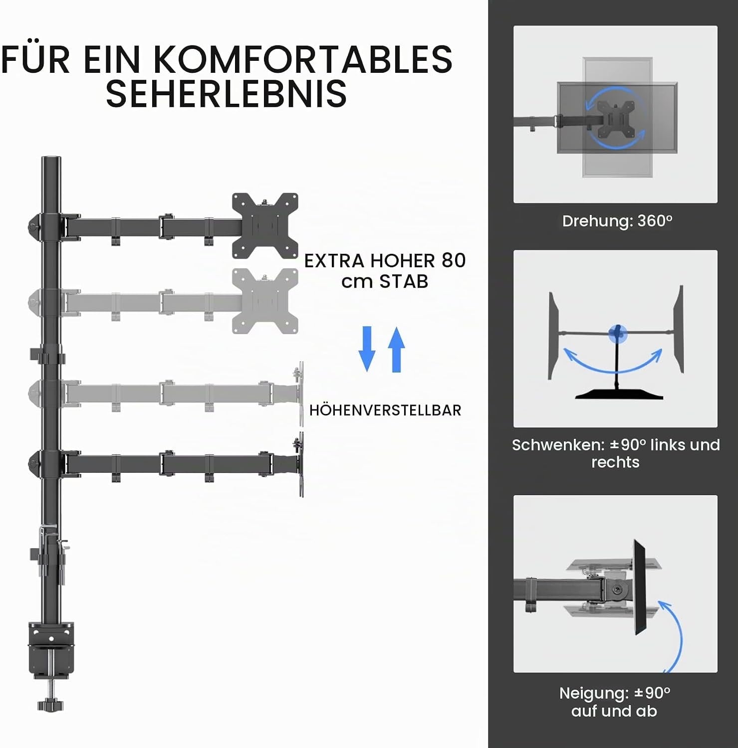 Doppel-Monitorhalterung 13-32 Zoll, 80 cm Höhe, 34% Rabatt - Schwarz