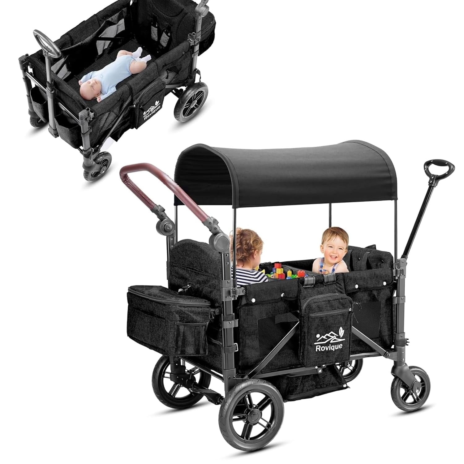 Faltbarer Bollerwagen für 2 Kinder - Schwarz - 35% Rabatt
